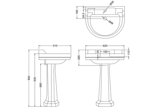 Burlington Круглая большая раковина Edwardian и пьедестал B7 P1 w 62cm ...